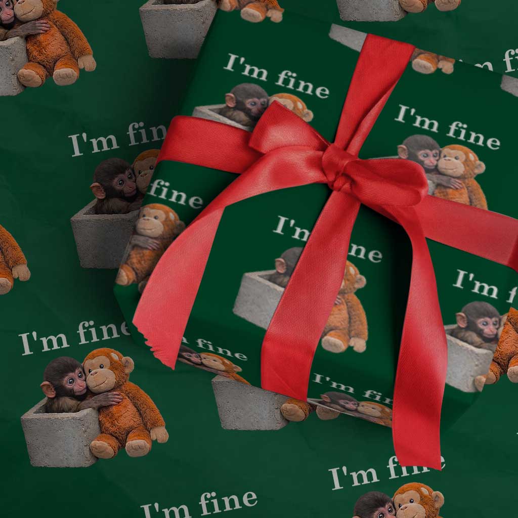 I’m Fine Viral Punch Monkey Meme Wrapping Paper Roll Cute Baby Monkey Hugging Plush Emotional Humor Gift TS02 Green Print Your Wear
