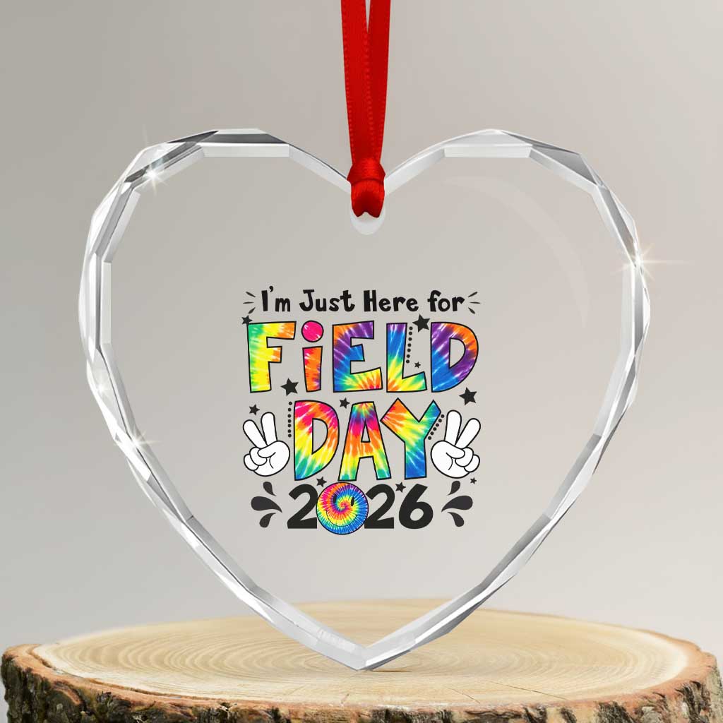 I'm Just Here for Field Day 2026 Heart Crystal Glass Ornament Groovy School Retro Tie Dye Effect Printing TS02 Transparent Glass 3'' Heart Print Your Wear