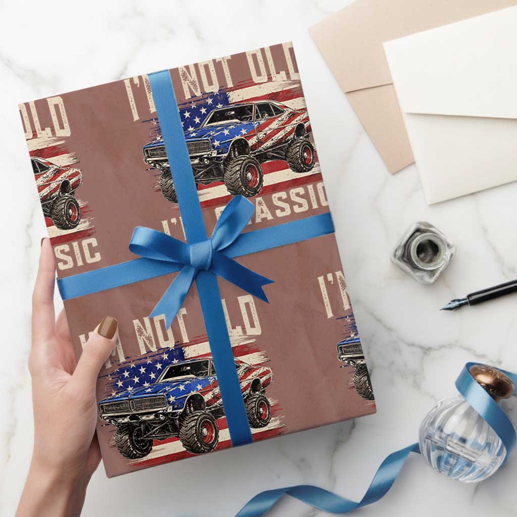 I'm Not Old I'm Classic Wrapping Paper Roll Vintage Car American Flag 4th of July