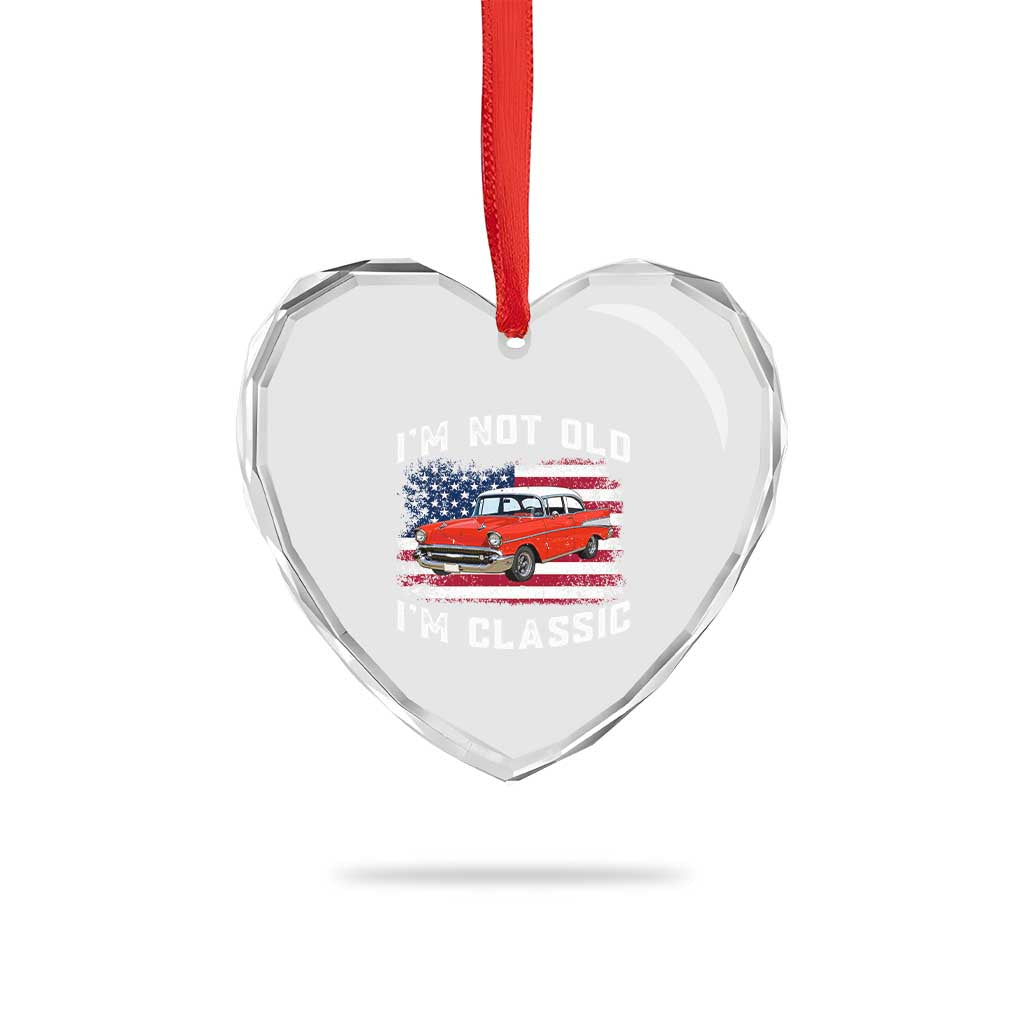 I'm Not Old I'm Classic Heart Crystal Glass Ornament Vintage 1957 Hot Rod Silhouette Patriotic American Flag