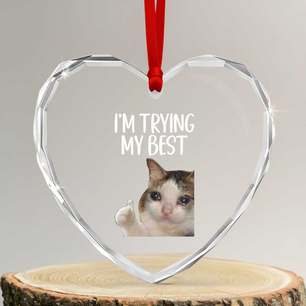 Im Trying My Best Funny Crying Cat Meme Heart Crystal Glass Ornament TS10 Transparent Glass 3'' Heart Print Your Wear