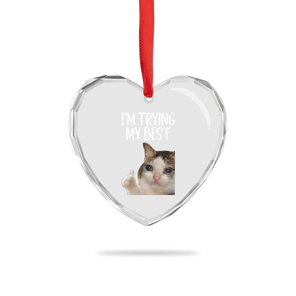 Im Trying My Best Funny Crying Cat Meme Heart Crystal Glass Ornament TS10 Print Your Wear