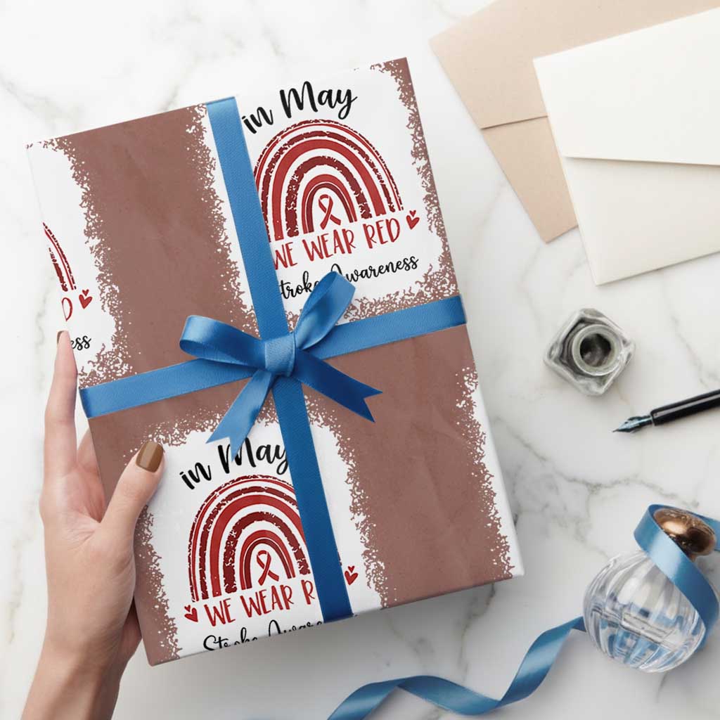 In May We Wear Red Stroke Awareness Wrapping Paper Roll Bleach Effect TS11 Mocha Print Your Wear