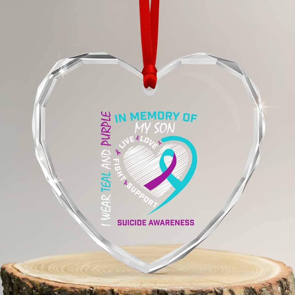 In Memory of My Son Suicide Awareness Heart Crystal Glass Ornament Teal and Purple Ribbon Remembrance Gift TS02 Transparent Glass 3'' Heart Print Your Wear