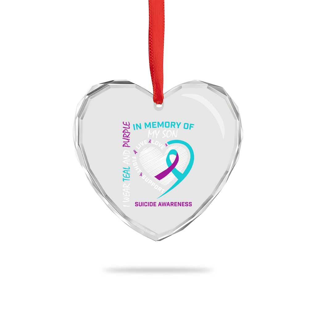 In Memory of My Son Suicide Awareness Heart Crystal Glass Ornament Teal and Purple Ribbon Remembrance Gift
