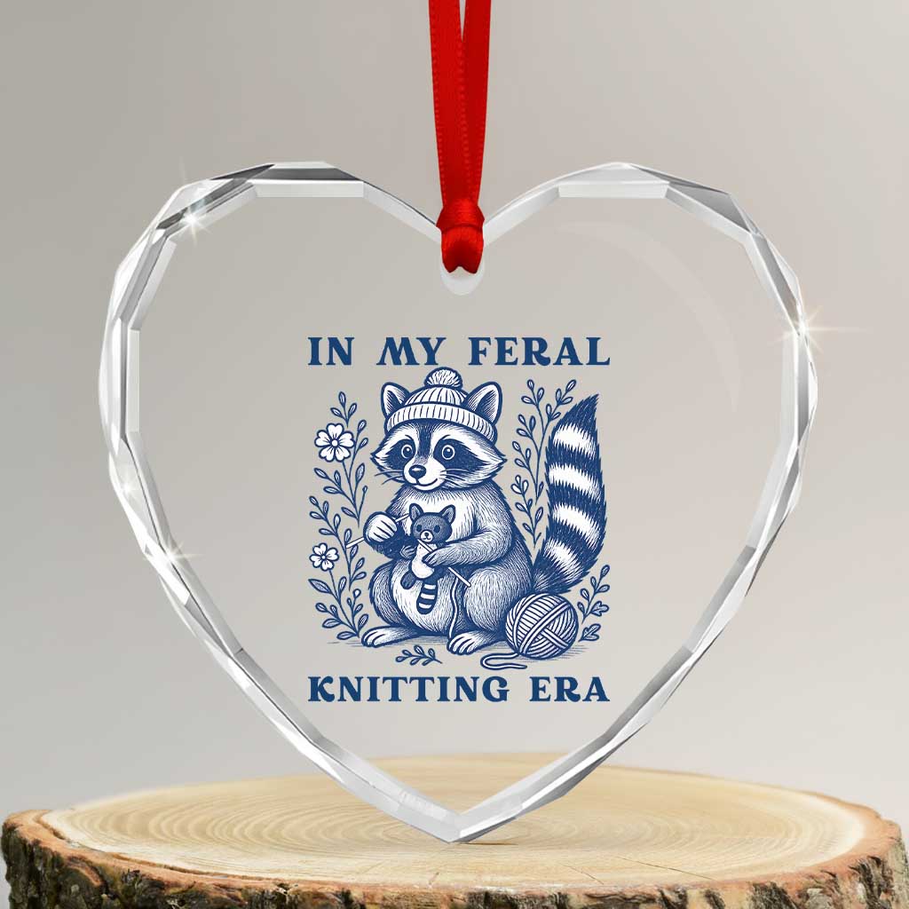 In My Feral Knitting Era Heart Crystal Glass Ornament Raccoon Yarn Lover TS12 Transparent Glass 3'' Heart Print Your Wear