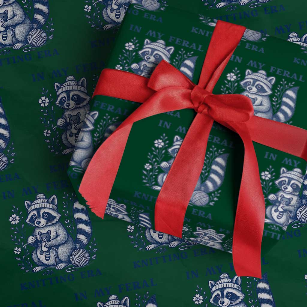 In My Feral Knitting Era Wrapping Paper Roll Raccoon Yarn Lover TS12 Green Print Your Wear