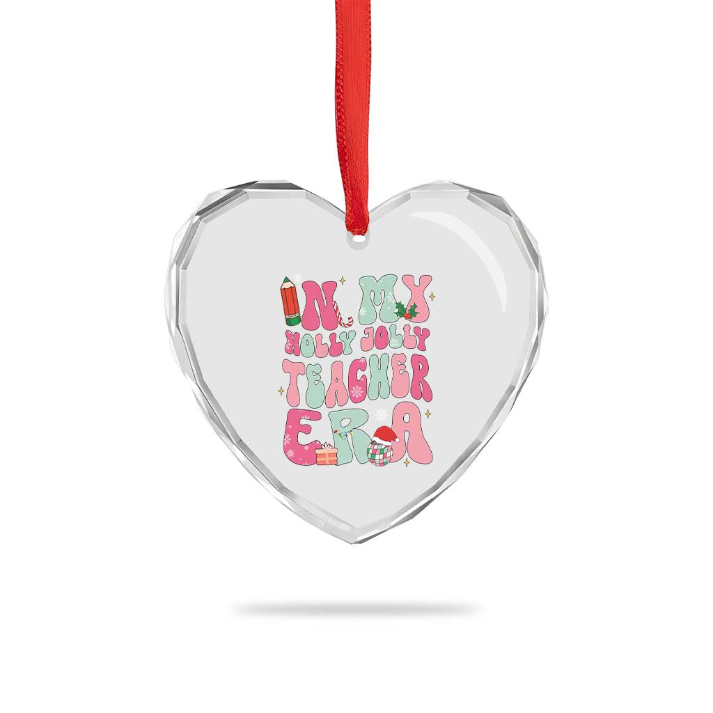 In My Holly Jolly Teacher Era Xmas Groovy Christmas Heart Crystal Glass Ornament TS02 Print Your Wear