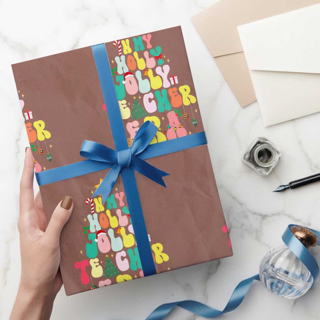 In My Holly Jolly Teacher Era Xmas Groovy Christmas Tree Wrapping Paper Roll TS02 Mocha Print Your Wear