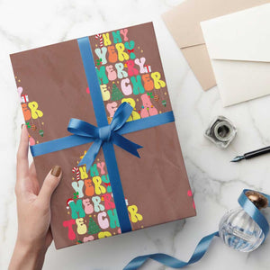 In My Very Merry Teacher Era Xmas Groovy Christmas Tree Wrapping Paper Roll TS02 Mocha Print Your Wear