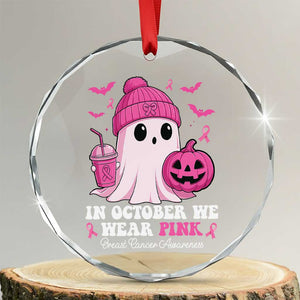 In October We Wear Pink Ghost Crystal Glass Ornament Halloween Breast Cancer Pink Ribbon Pumpkin TS10 Transparent Glass 3'' Circle Print Your Wear