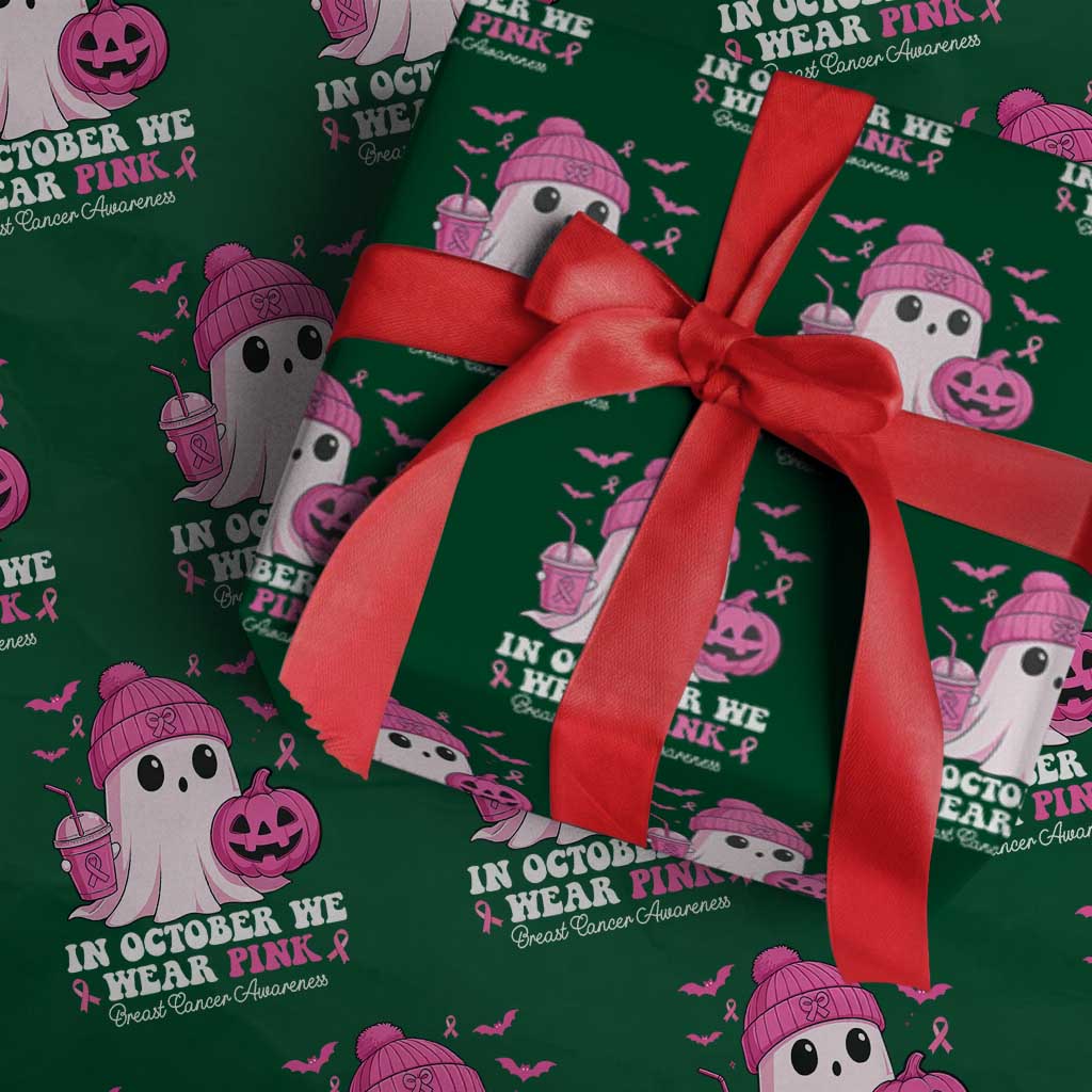 In October We Wear Pink Ghost Wrapping Paper Roll Halloween Breast Cancer Pink Ribbon Pumpkin TS10 Green Print Your Wear