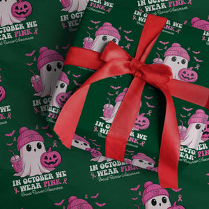 In October We Wear Pink Ghost Wrapping Paper Roll Halloween Breast Cancer Pink Ribbon Pumpkin TS10 Green Print Your Wear