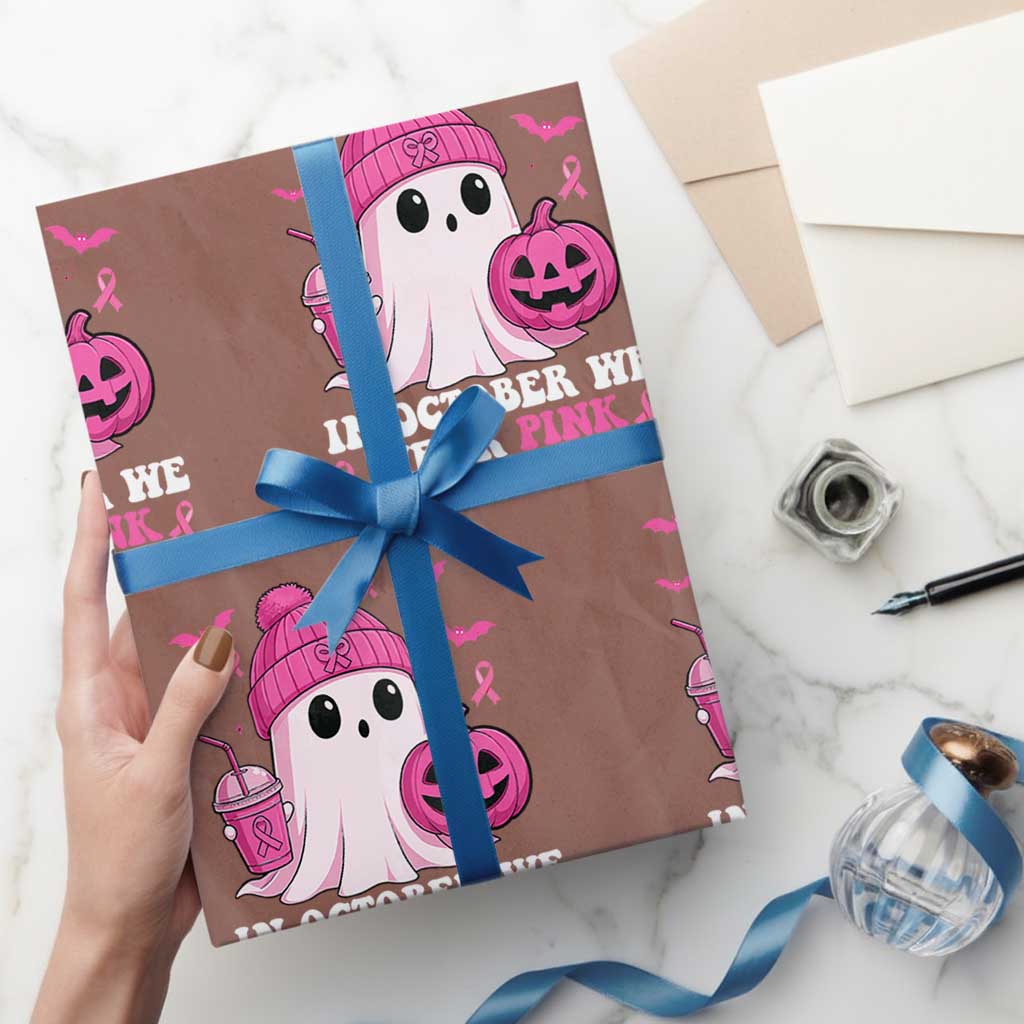 In October We Wear Pink Ghost Wrapping Paper Roll Halloween Breast Cancer Pink Ribbon Pumpkin TS10 Mocha Print Your Wear