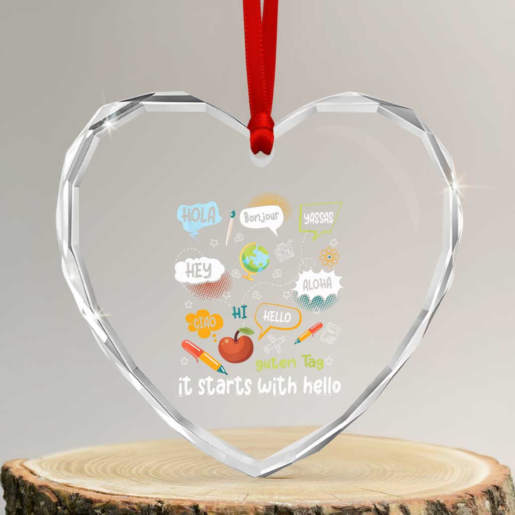Inclusion Matters Heart Crystal Glass Ornament It Starts With Hello In Languages TS02 Transparent Glass 3'' Heart Print Your Wear
