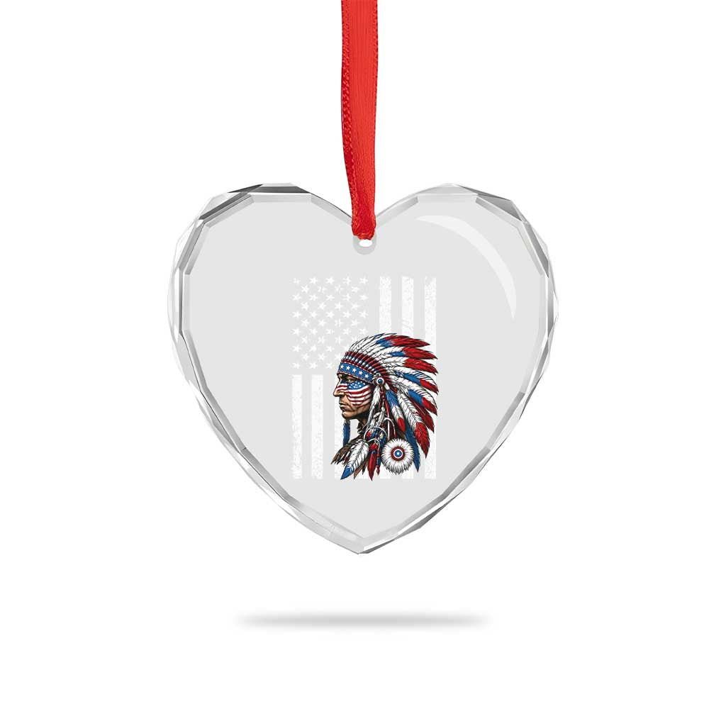 Indigenous People Tribal CG Native American Indian Chief American USA Flag Heart Crystal Glass Ornament