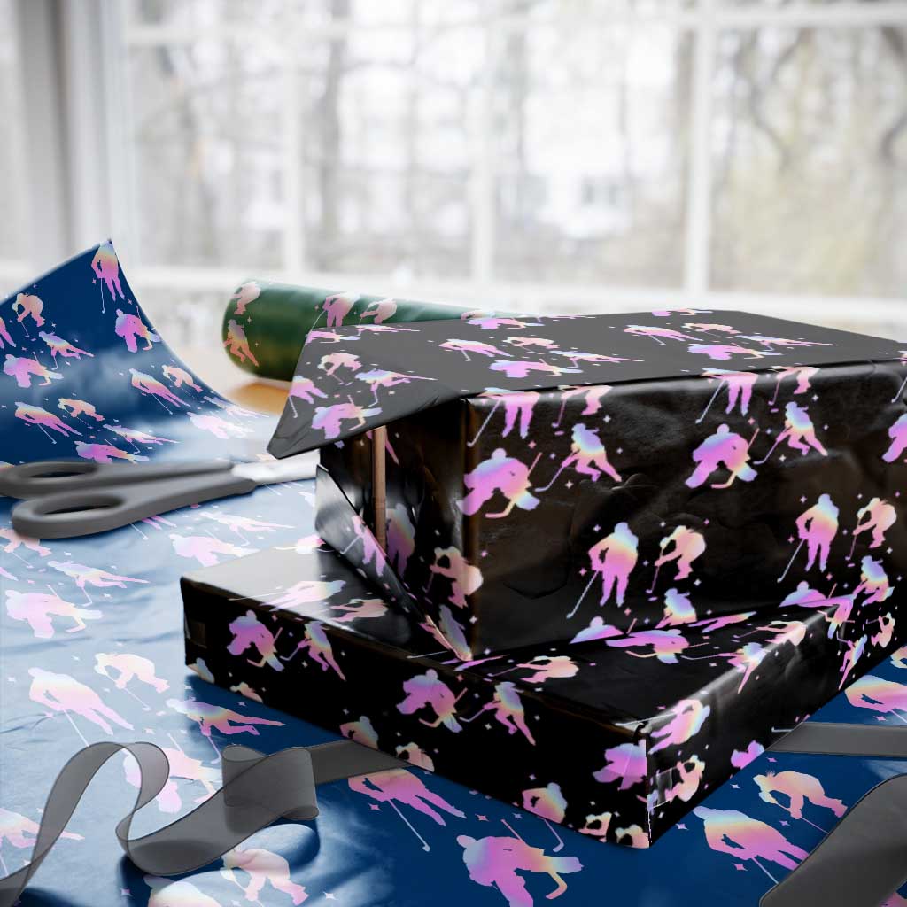 Iridescent Effect Hockey Players Retro Sport Lover Gift Wrapping Paper Roll TS12 Black Print Your Wear