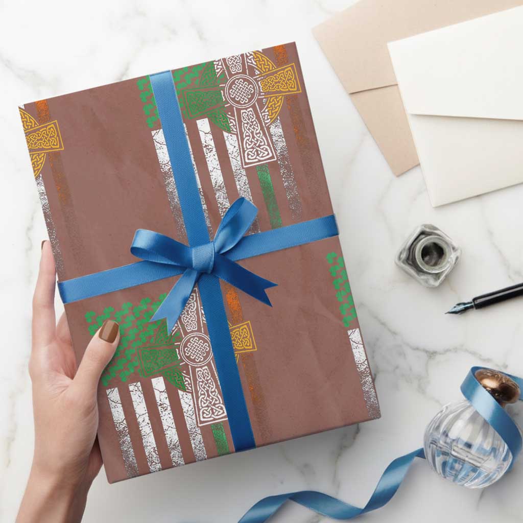 Irish Pride Wrapping Paper Roll American Flag Celtic Cross Shamrock St Patrick's Day TS11 Mocha Print Your Wear