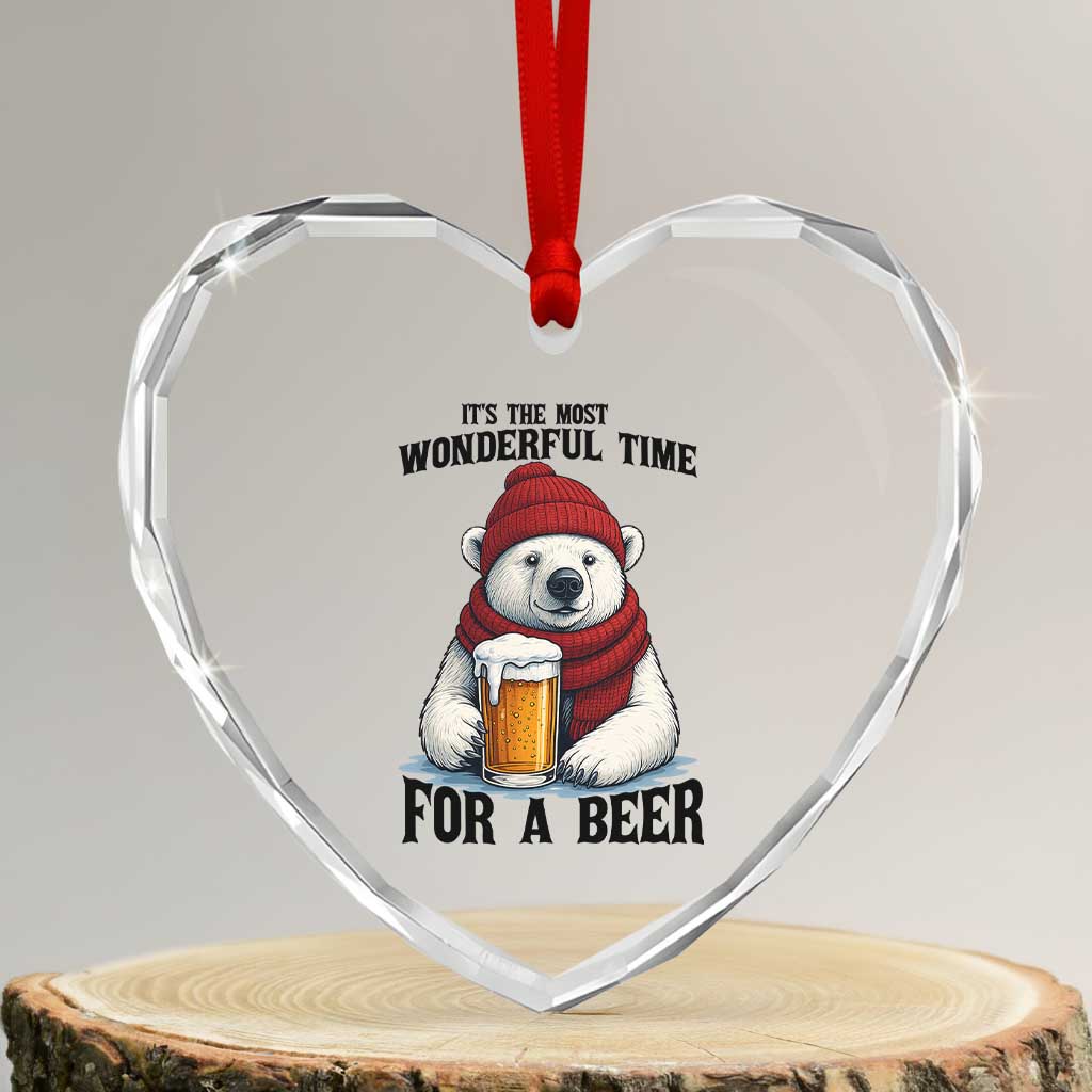 It is The Most Wonderful Time For A Beer Heart Crystal Glass Ornament Funny Polar Bear Drinking Beer TS12 Transparent Glass 3'' Heart Print Your Wear