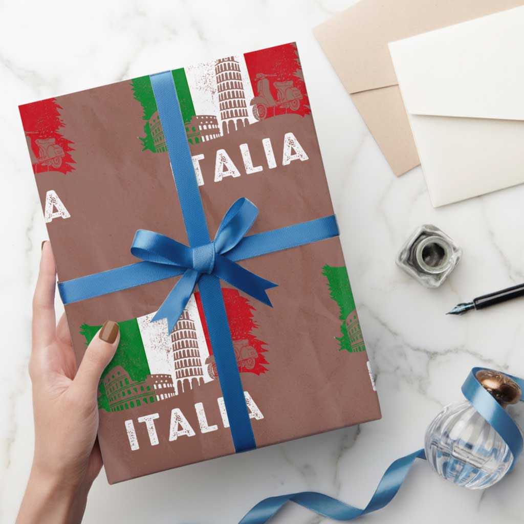 Italian Flag Wrapping Paper Roll Distressed Style Pisa Tower Colosseum Classic Scooter TS10 Mocha Print Your Wear