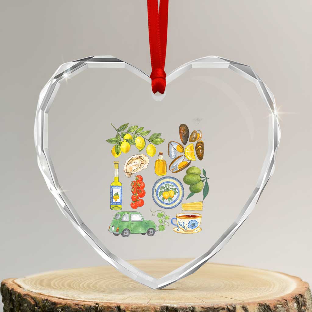 Italian Summer Scrapbook Heart Crystal Glass Ornament Limoncello Seafood Coastal Italy La Dolce Vita TS02 Transparent Glass 3'' Heart Print Your Wear