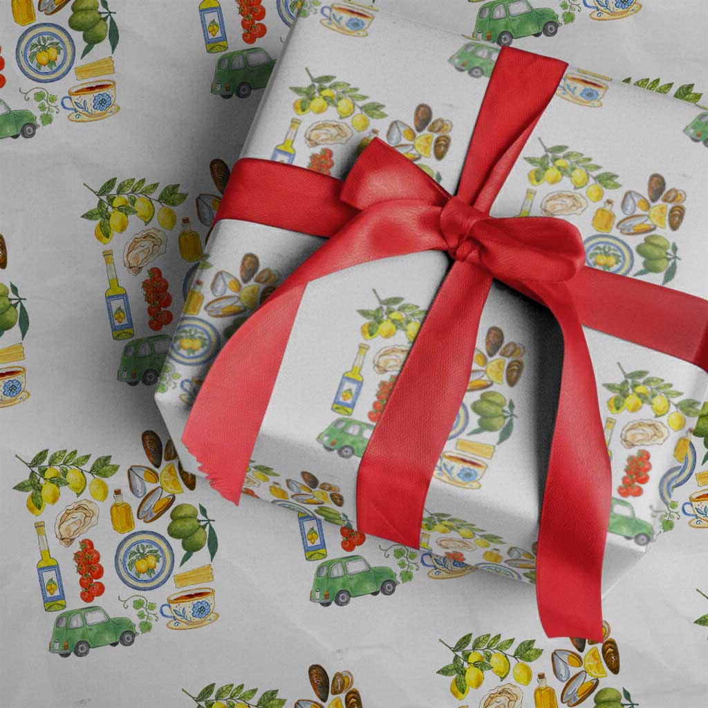 Italian Summer Scrapbook Wrapping Paper Roll Limoncello Seafood Coastal Italy La Dolce Vita TS02 White Print Your Wear
