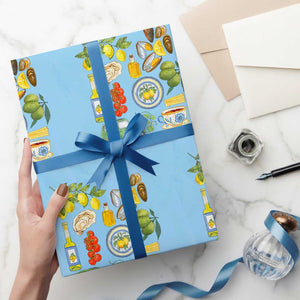 Italian Summer Scrapbook Wrapping Paper Roll Limoncello Seafood Coastal Italy La Dolce Vita TS02 Light Blue Print Your Wear