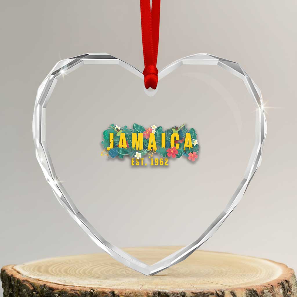 Jamaica Est 1962 Tropical Independence Heart Crystal Glass Ornament Doctor Bird and Hibiscus Botanical Travel Souvenir TS02 Transparent Glass 3'' Heart Print Your Wear