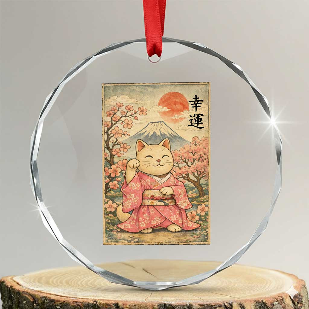 Japanese Anime Maneki Neko Crystal Glass Ornament Kawaii Waving Cat Good Luck Kanji TS12 Transparent Glass 3'' Circle Print Your Wear