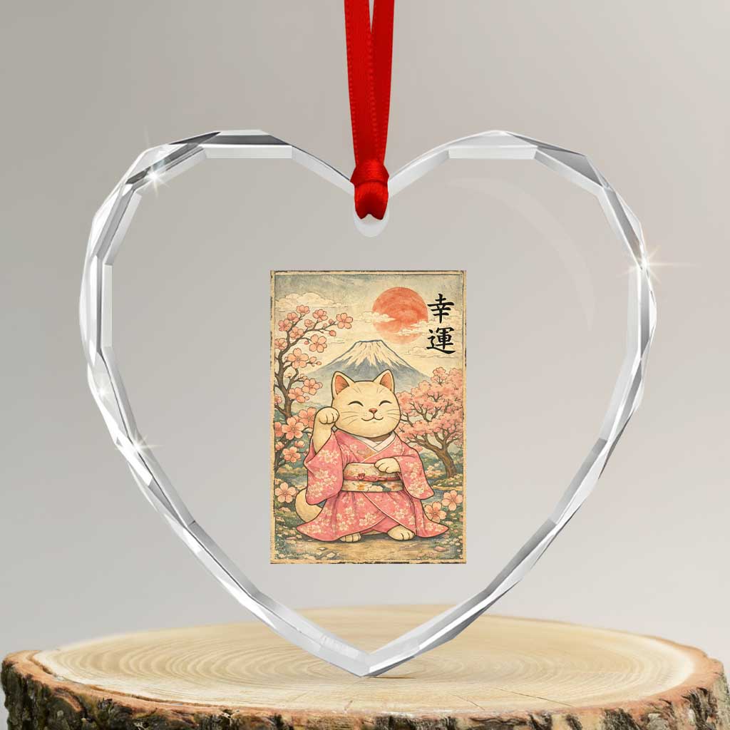 Japanese Anime Maneki Neko Heart Crystal Glass Ornament Kawaii Waving Cat Good Luck Kanji TS12 Transparent Glass 3'' Heart Print Your Wear