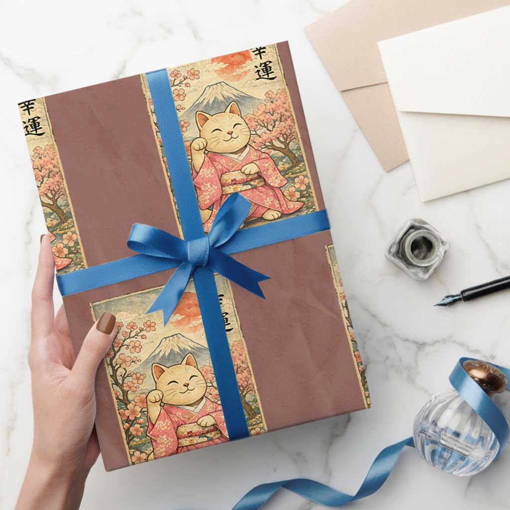 Japanese Anime Maneki Neko Wrapping Paper Roll Kawaii Waving Cat Good Luck Kanji TS12 Mocha Print Your Wear