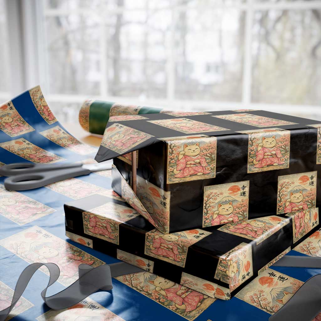 Japanese Anime Maneki Neko Wrapping Paper Roll Kawaii Waving Cat Good Luck Kanji TS12 Black Print Your Wear