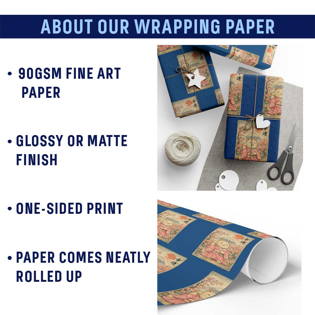 Japanese Anime Maneki Neko Wrapping Paper Roll Kawaii Waving Cat Good Luck Kanji TS12 Print Your Wear