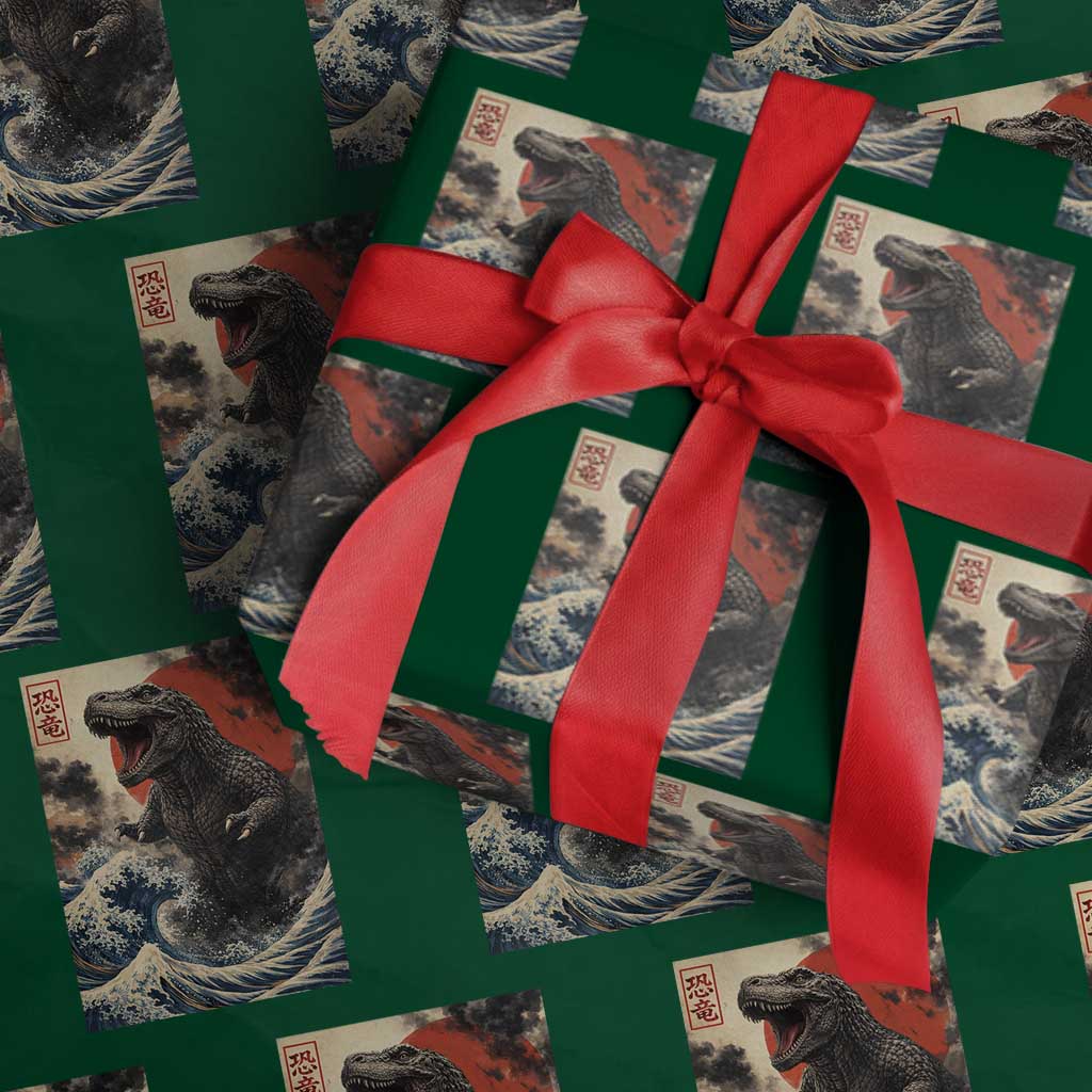 Japanese Dinosaur Wrapping Paper Roll Vintage Great Wave Monster Epic Giant Monster Ukiyo-e Style TS10 Green Print Your Wear