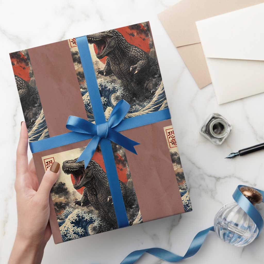 Japanese Dinosaur Wrapping Paper Roll Vintage Great Wave Monster Epic Giant Monster Ukiyo-e Style TS10 Mocha Print Your Wear