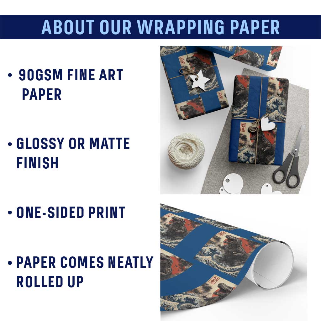 Japanese Dinosaur Wrapping Paper Roll Vintage Great Wave Monster Epic Giant Monster Ukiyo-e Style TS10 Print Your Wear