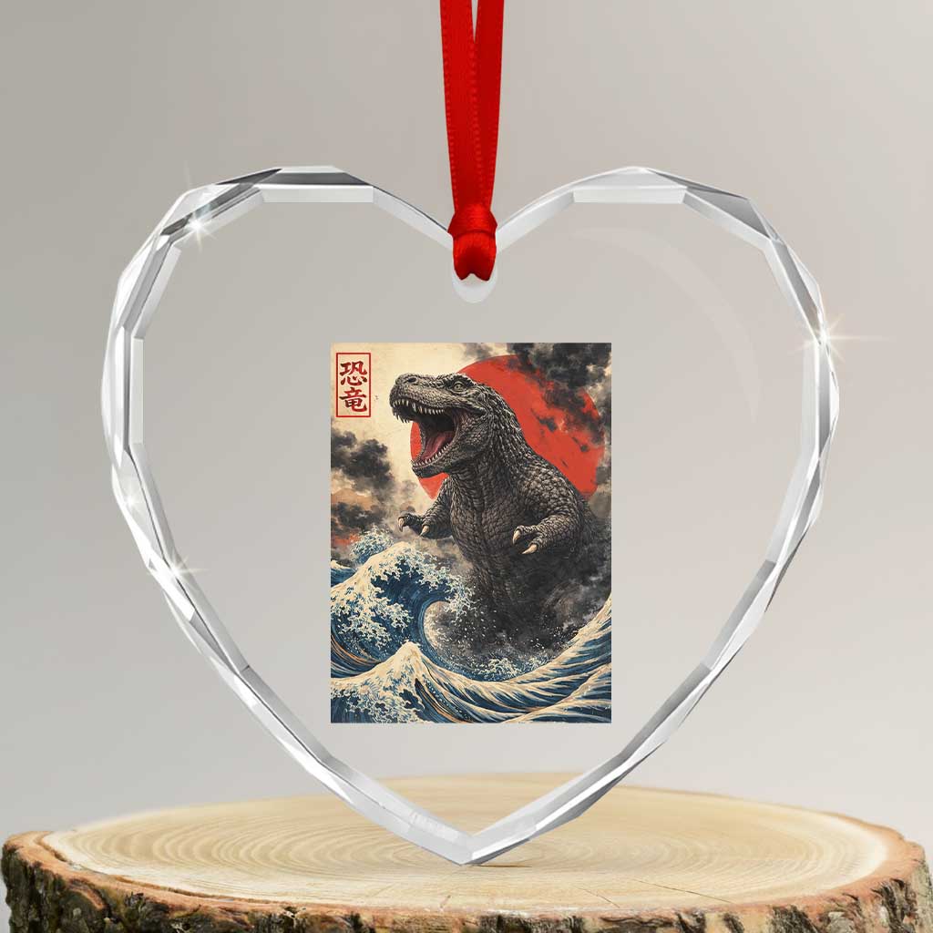 Japanese Dinosaur Heart Crystal Glass Ornament Vintage Great Wave Monster Epic Giant Monster Ukiyo-e Style TS10 Transparent Glass 3'' Heart Print Your Wear