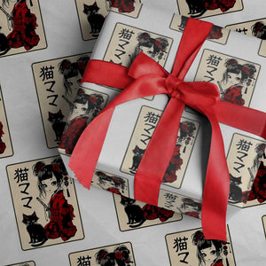 Japanese Gothic Kawaii Anime Samurai Cat Wrapping Paper Roll Japan Female Bushido Graphic With Kanji Retro Vintage TS02 White Print Your Wear