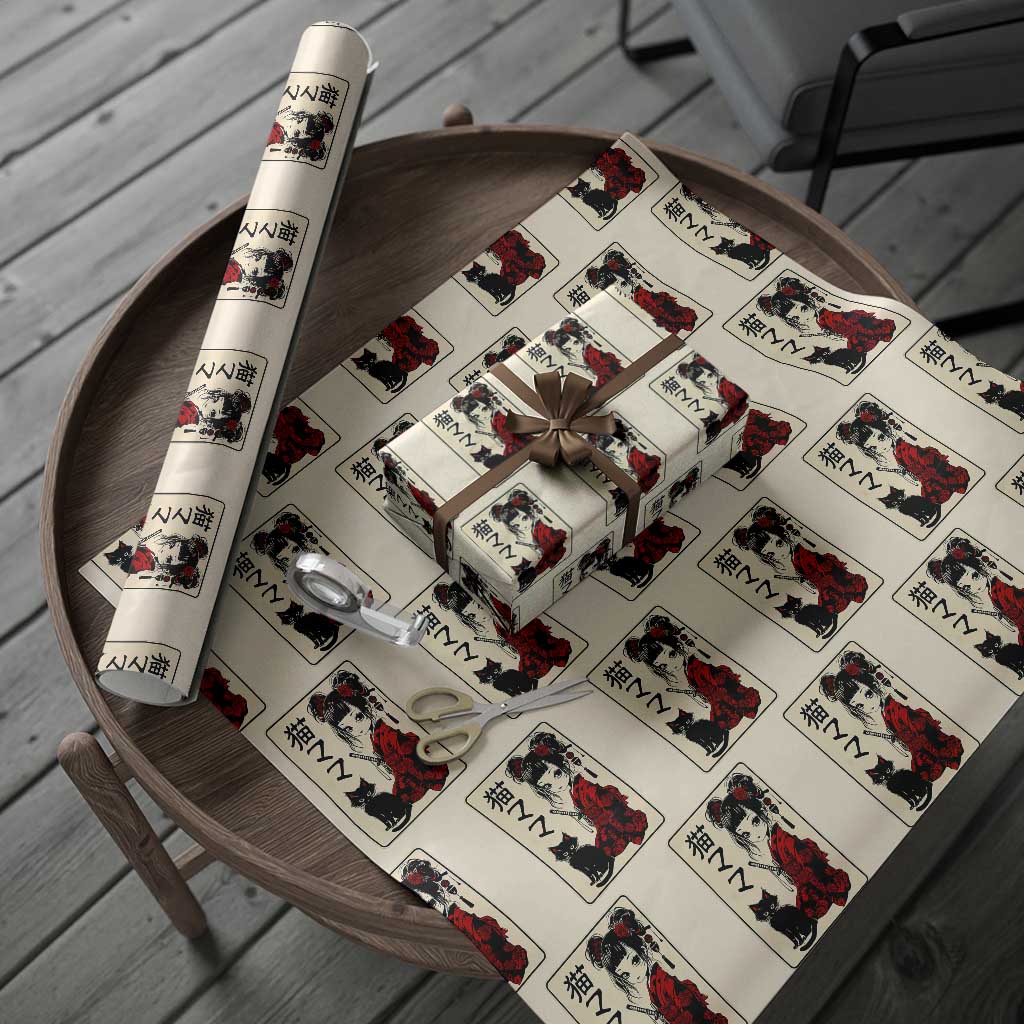 Japanese Gothic Kawaii Anime Samurai Cat Wrapping Paper Roll Japan Female Bushido Graphic With Kanji Retro Vintage TS02 Beige Print Your Wear