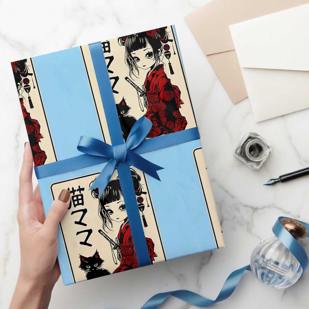 Japanese Gothic Kawaii Anime Samurai Cat Wrapping Paper Roll Japan Female Bushido Graphic With Kanji Retro Vintage TS02 Light Blue Print Your Wear