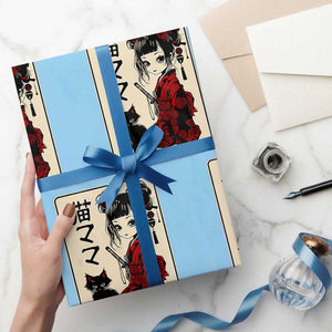 Japanese Gothic Kawaii Anime Samurai Cat Wrapping Paper Roll Japan Female Bushido Graphic With Kanji Retro Vintage TS02 Light Blue Print Your Wear