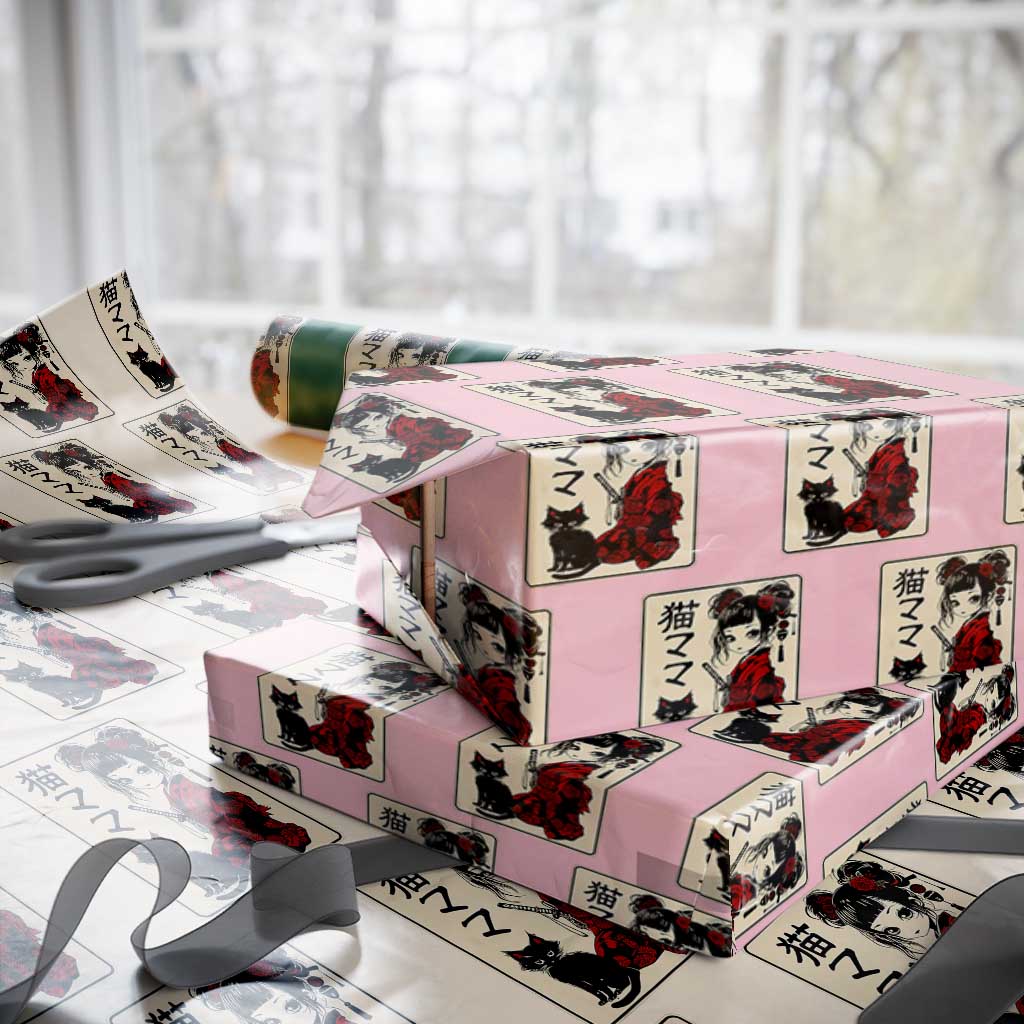 Japanese Gothic Kawaii Anime Samurai Cat Wrapping Paper Roll Japan Female Bushido Graphic With Kanji Retro Vintage TS02 Light Pink Print Your Wear