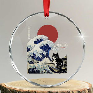 Japanese Kawaii Anime Cat Crystal Glass Ornament Funny Surfing Cat Bruh Retro The Great Wave Kanagawa TS10 Transparent Glass 3'' Circle Print Your Wear
