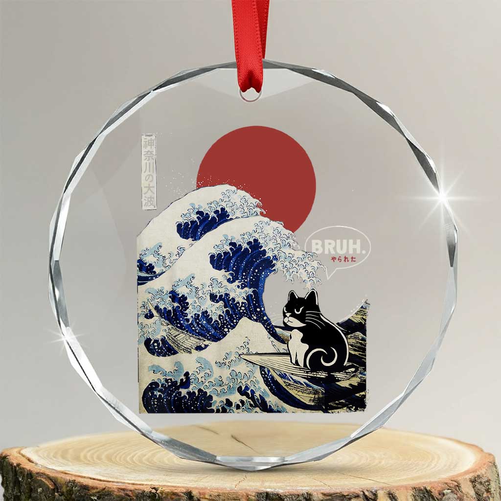 Japanese Kawaii Anime Cat Crystal Glass Ornament Funny Surfing Cat Bruh Retro The Great Wave Kanagawa TS10 Transparent Glass 3'' Circle Print Your Wear