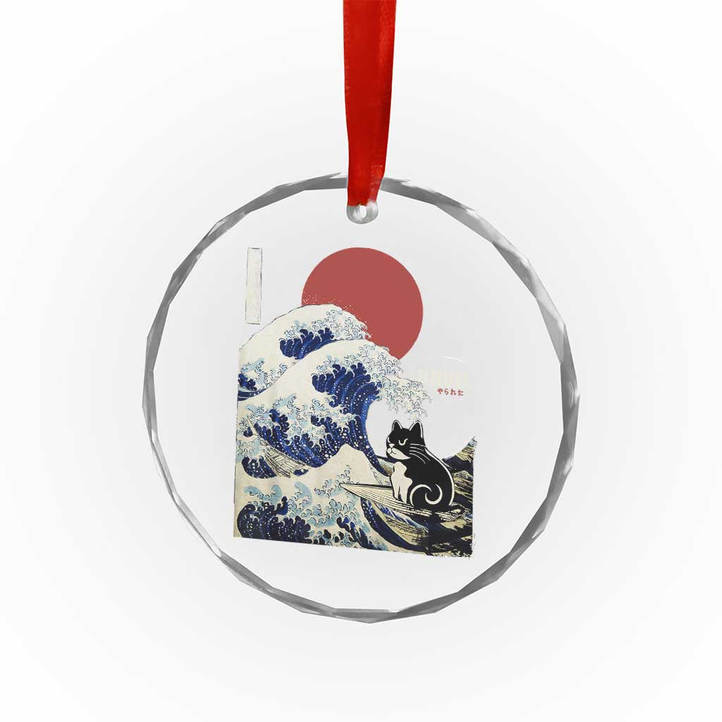 Japanese Kawaii Anime Cat Crystal Glass Ornament Funny Surfing Cat Bruh Retro The Great Wave Kanagawa TS10 Transparent Glass 3'' Circle Print Your Wear