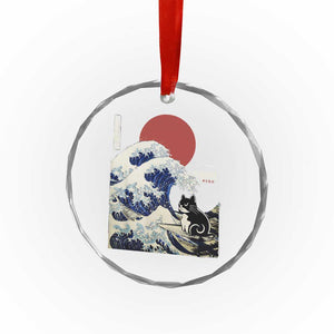 Japanese Kawaii Anime Cat Crystal Glass Ornament Funny Surfing Cat Bruh Retro The Great Wave Kanagawa TS10 Transparent Glass 3'' Circle Print Your Wear