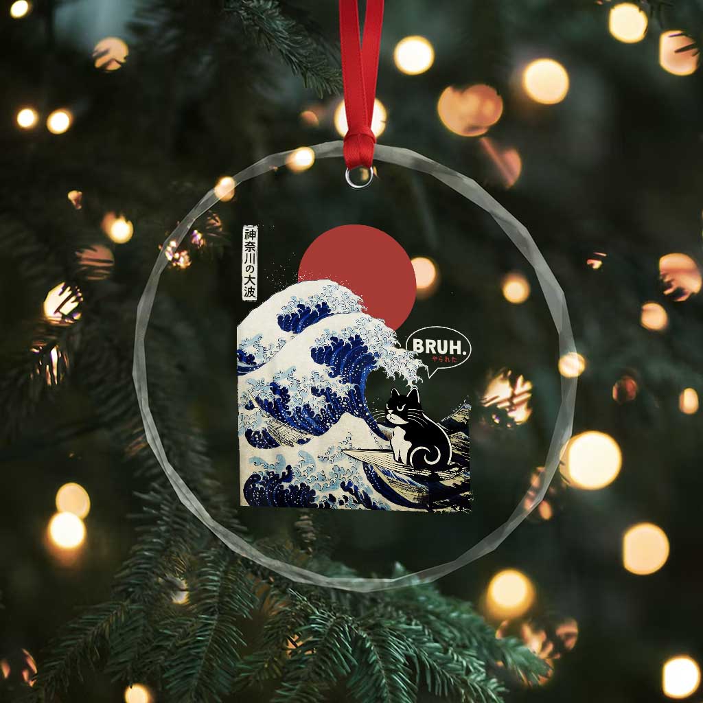 Japanese Kawaii Anime Cat Crystal Glass Ornament Funny Surfing Cat Bruh Retro The Great Wave Kanagawa TS10 Print Your Wear