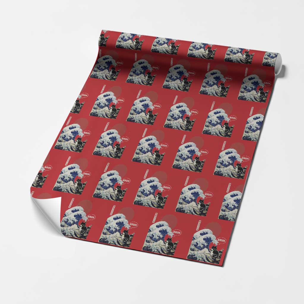 Japanese Kawaii Anime Cat Wrapping Paper Roll Funny Surfing Cat Bruh Retro The Great Wave Kanagawa TS10 Red Print Your Wear
