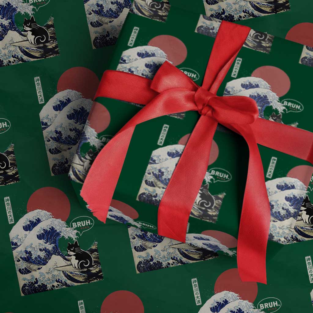 Japanese Kawaii Anime Cat Wrapping Paper Roll Funny Surfing Cat Bruh Retro The Great Wave Kanagawa TS10 Green Print Your Wear