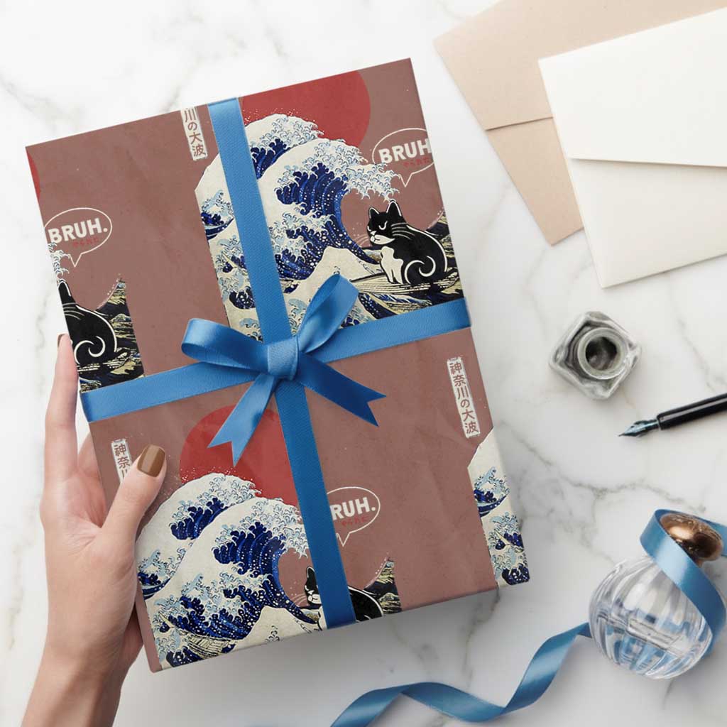 Japanese Kawaii Anime Cat Wrapping Paper Roll Funny Surfing Cat Bruh Retro The Great Wave Kanagawa TS10 Mocha Print Your Wear